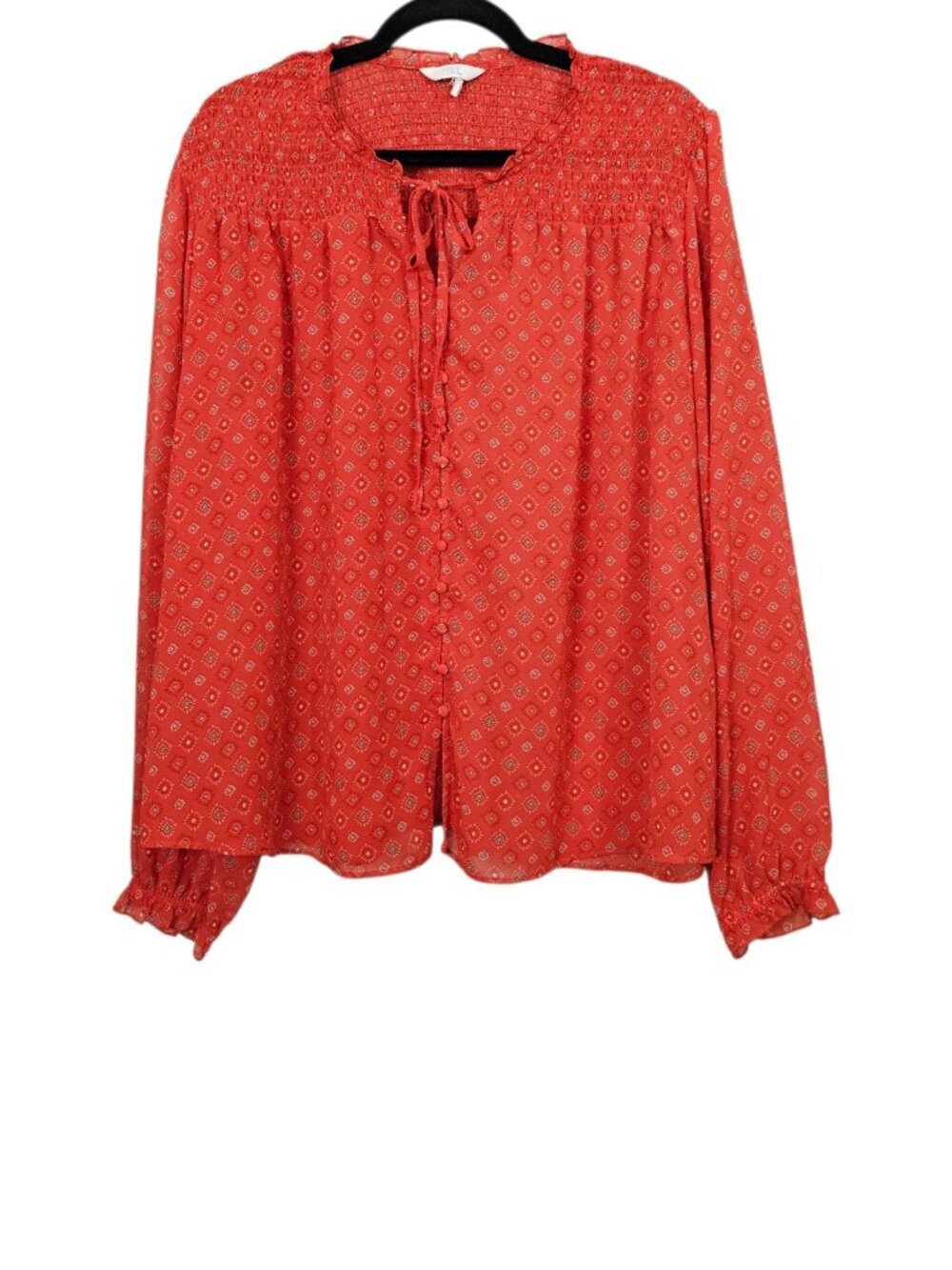 Time & Tru Floral Boho Semi Sheer Smocked Button Peasant Top Size XXL Rust